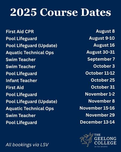 2025 Life Saving Victoria Training dates at The Geelong College Recreation Centre