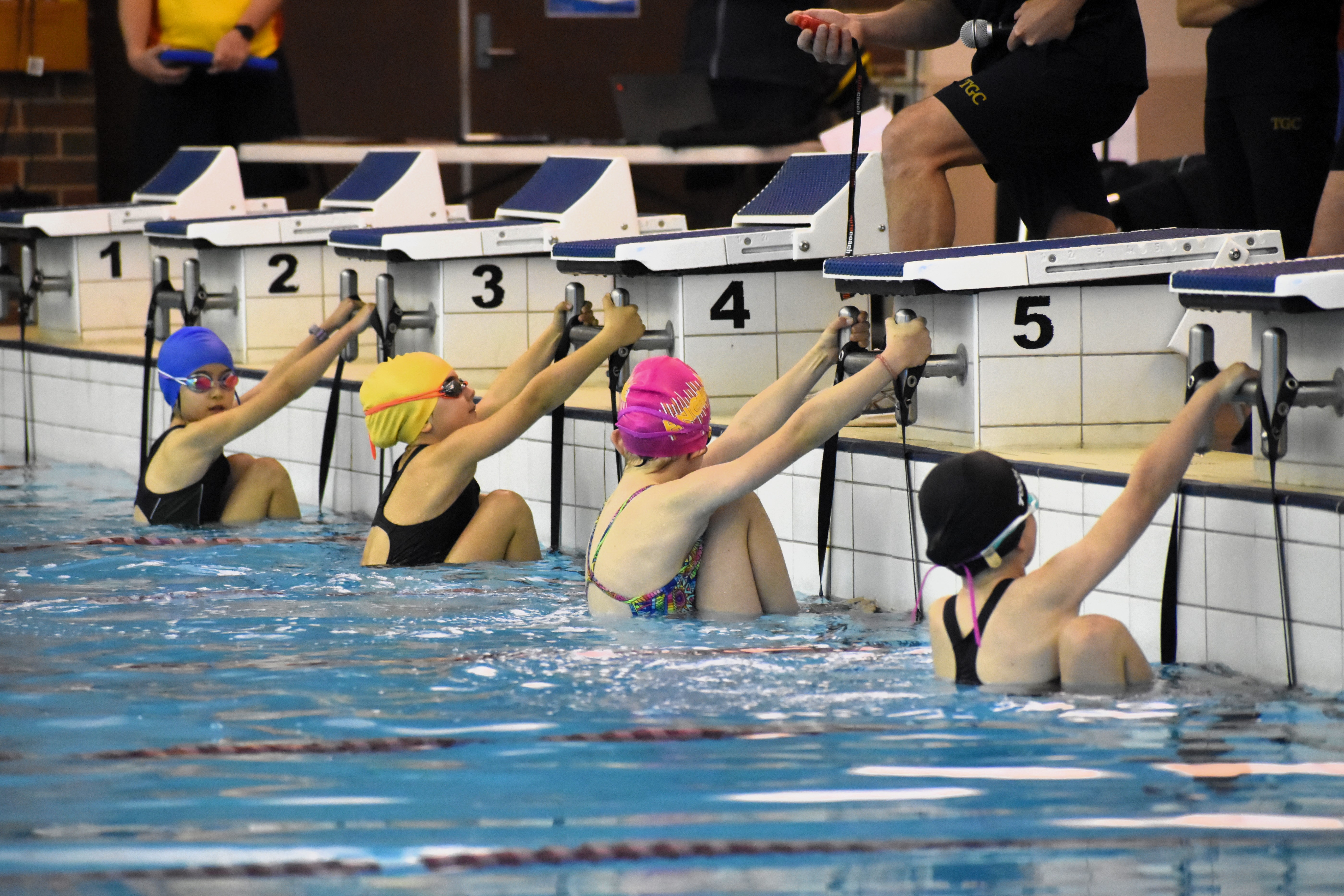 Action shot of four student athletes in colourful caps set for a backstroke race during a swimming meet.