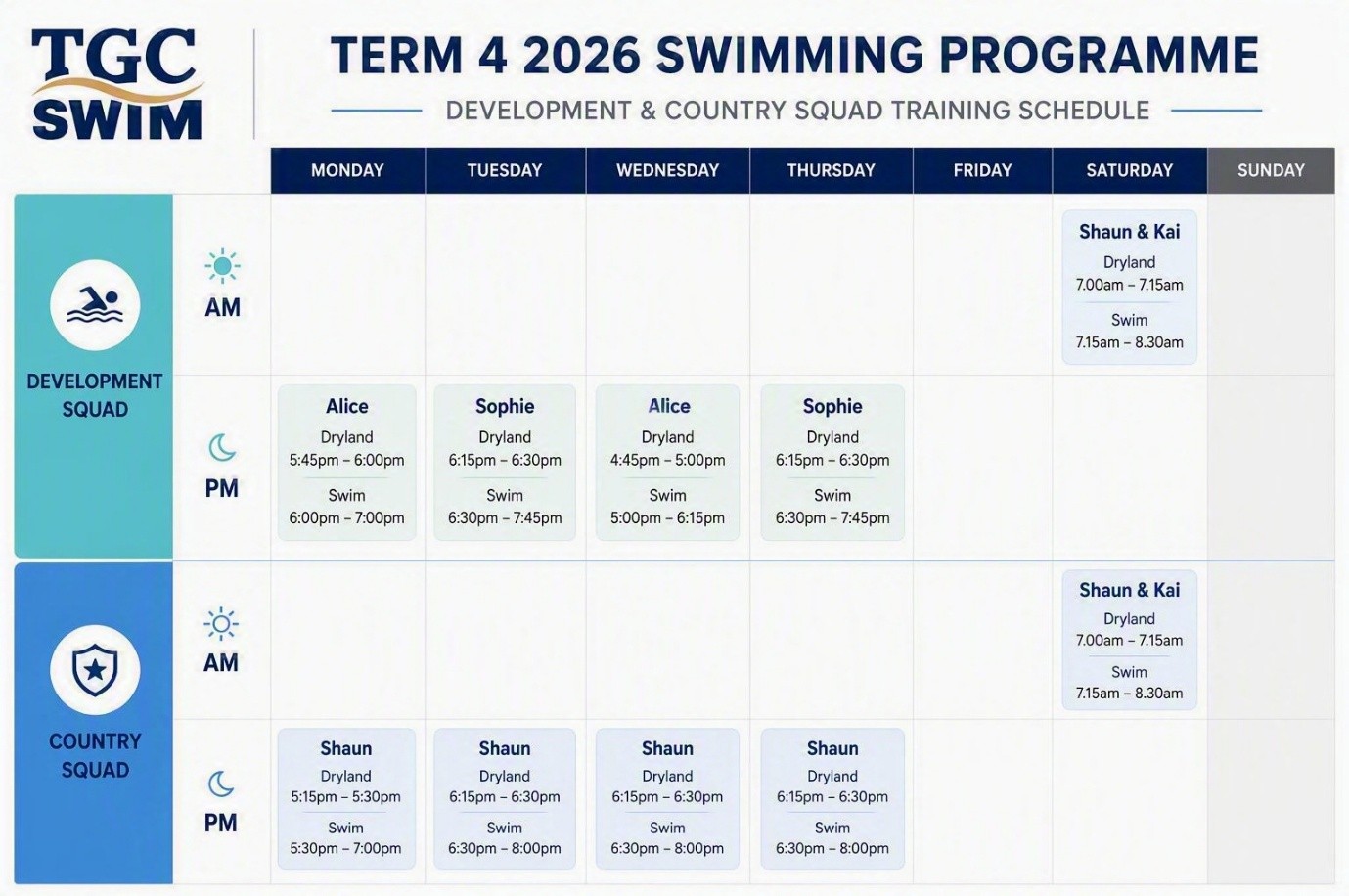 TGC Swim Schedule